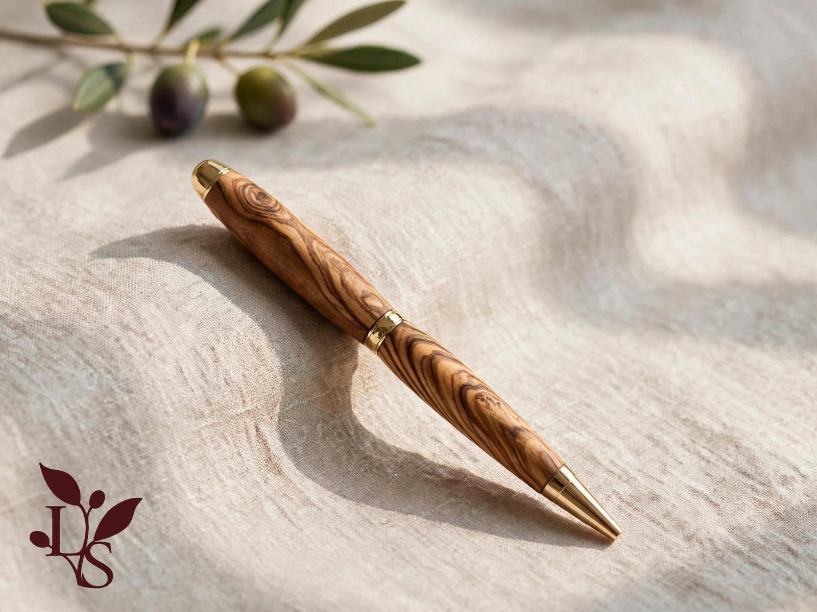 Olive wood pen with gold fittings on linen beside an olive branch