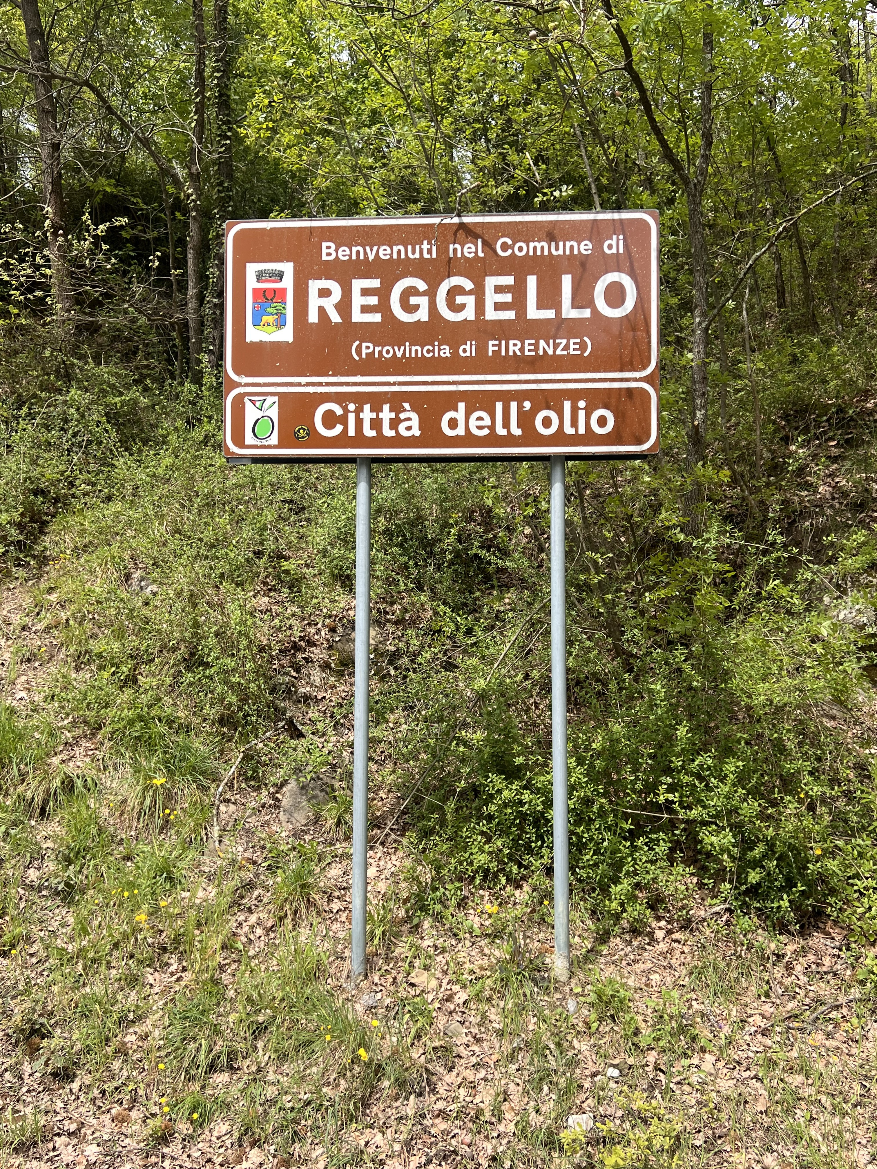 Road sign welcoming visitors to the Comune di Reggello, city of olive oil