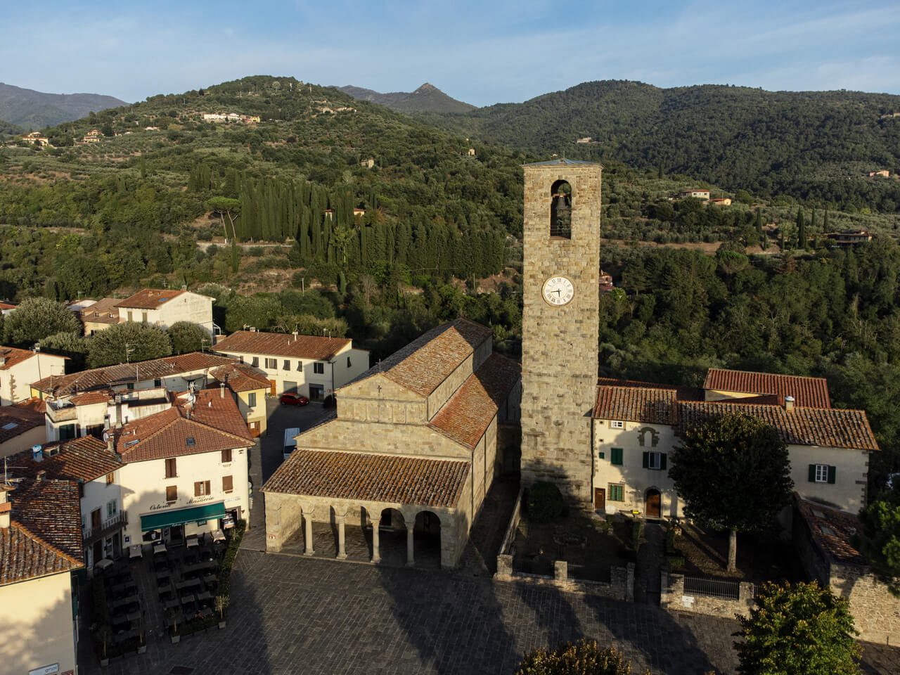 Aerial view of Reggello's church tower and village square